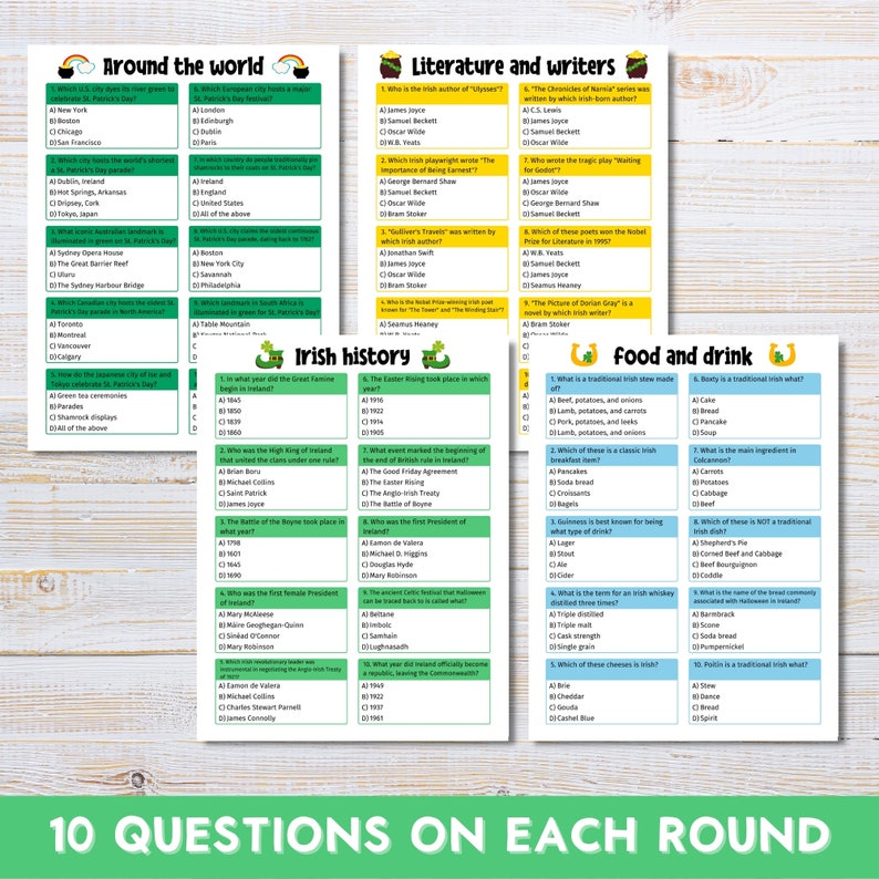 Irish Rizzes St Patricks Day Quiz Printable, Pub Quiz 10 Rounds, St Paddys Day ...
