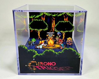 Feu de camp Chrono Trigger - Cube diorama avec son et lumière LED - Déco gamer pour les fans de Chrono Trigger