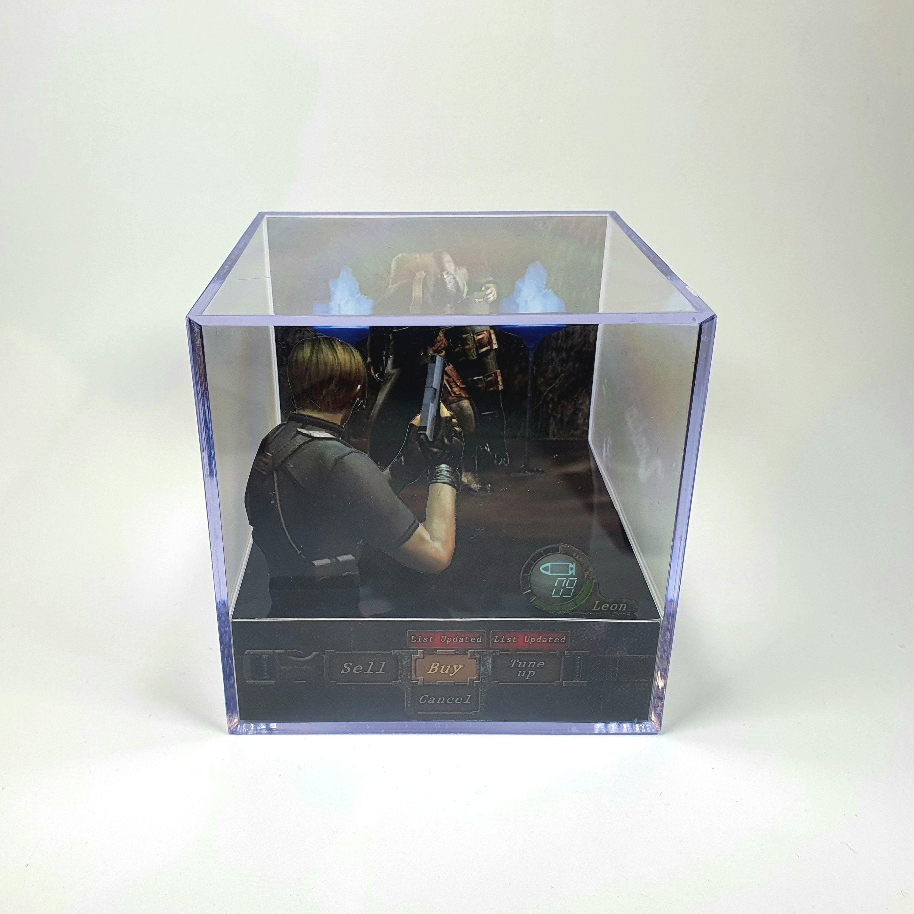 Resident Evil 4 Leon S. Kennedy & "El Buhonero" - Diorama Cube with Sound and LED Light - Gamer room decor for Resident Evil fans