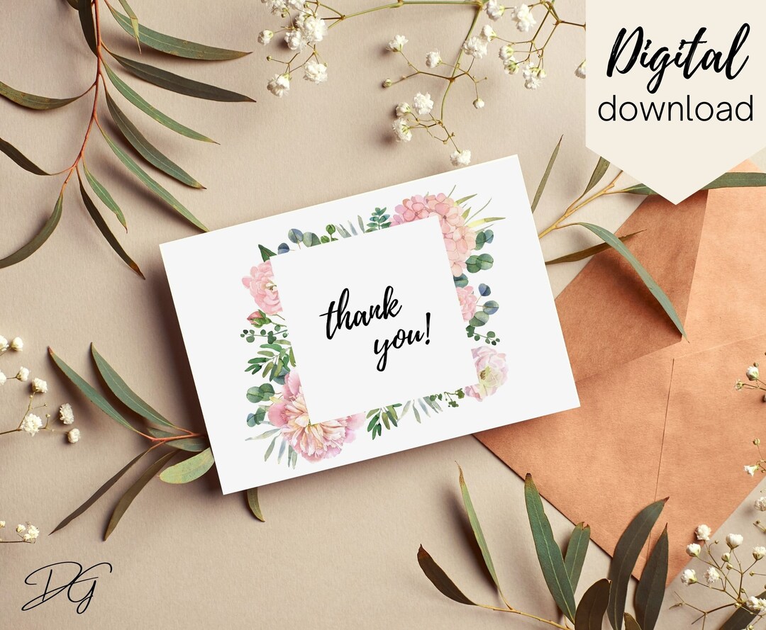 Printable Floral Thank You Cards, Instant Download, 5x7 Cards, Digital ...