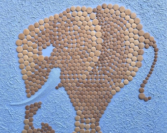 May include: A blue background with a large elephant made of small, round, wooden pieces.