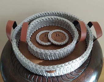 4-piece,Handmade Knitted Serving Tray, Knitted Wooden Tray, Handmade  Tray, Crochet Serving Tray, Circle Knitted Gray, Tray with Coaster