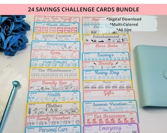 24 Savings Challenge Card Bundle | A6 Budget Binder Savings Challenges | Cash Envelope Savings Challenges |Digital Download | Cash Budgeting