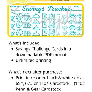 May include: A yellow and blue printable savings tracker with a variety of icons, including a house, a car, a lightbulb, and a checkmark. The text "Savings Trackers" is in a large, bold font. The text "Instant Download" is in a smaller font. The text "Fits A6 Envelopes & A6 Binders" is in a smaller font.