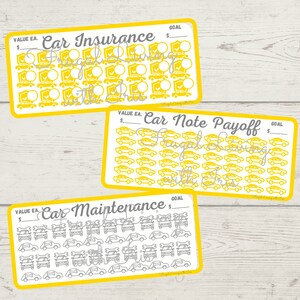 May include: Three yellow and white printable trackers for car insurance, car note payoff, and car maintenance. Each tracker has a goal section and a value each section. The trackers are filled with small car icons.