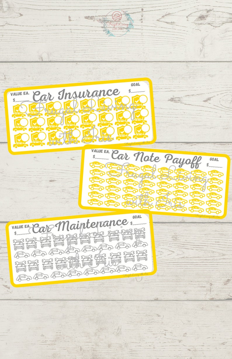 May include: Three yellow and white printable trackers for car insurance, car note payoff, and car maintenance. Each tracker has a goal section and a value each section. The trackers are filled with small car icons.