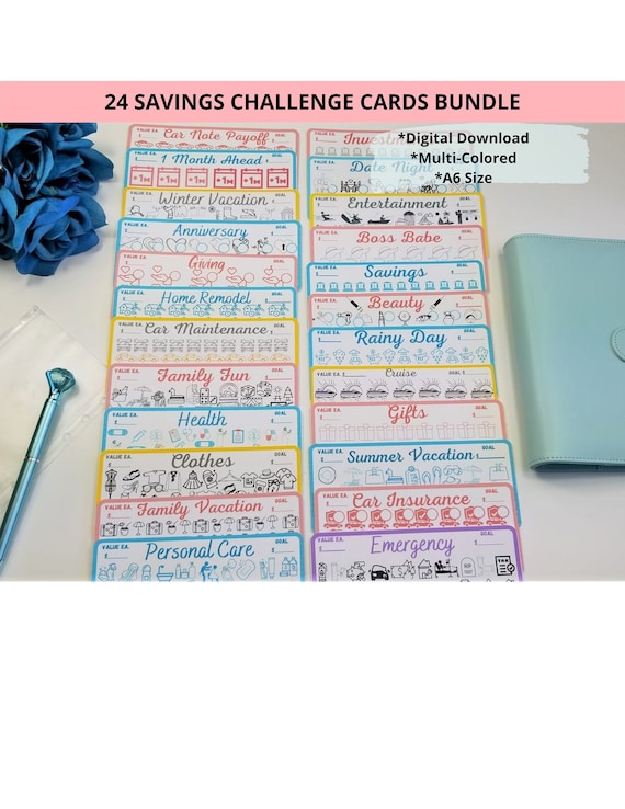 24 Savings Challenge Card Bundle | A6 Budget Binder Savings Challenges | Cash Envelope Savings Challenges |Digital Download | Cash Budgeting