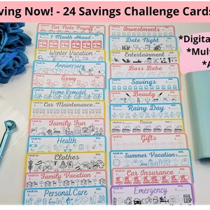 Paket med 24 sparkort | A6-budgetpärm, sparutmaningar | Sparutmaningar med kontantkuvert | Digital nedladdning | Kontantbudgetering bild 8