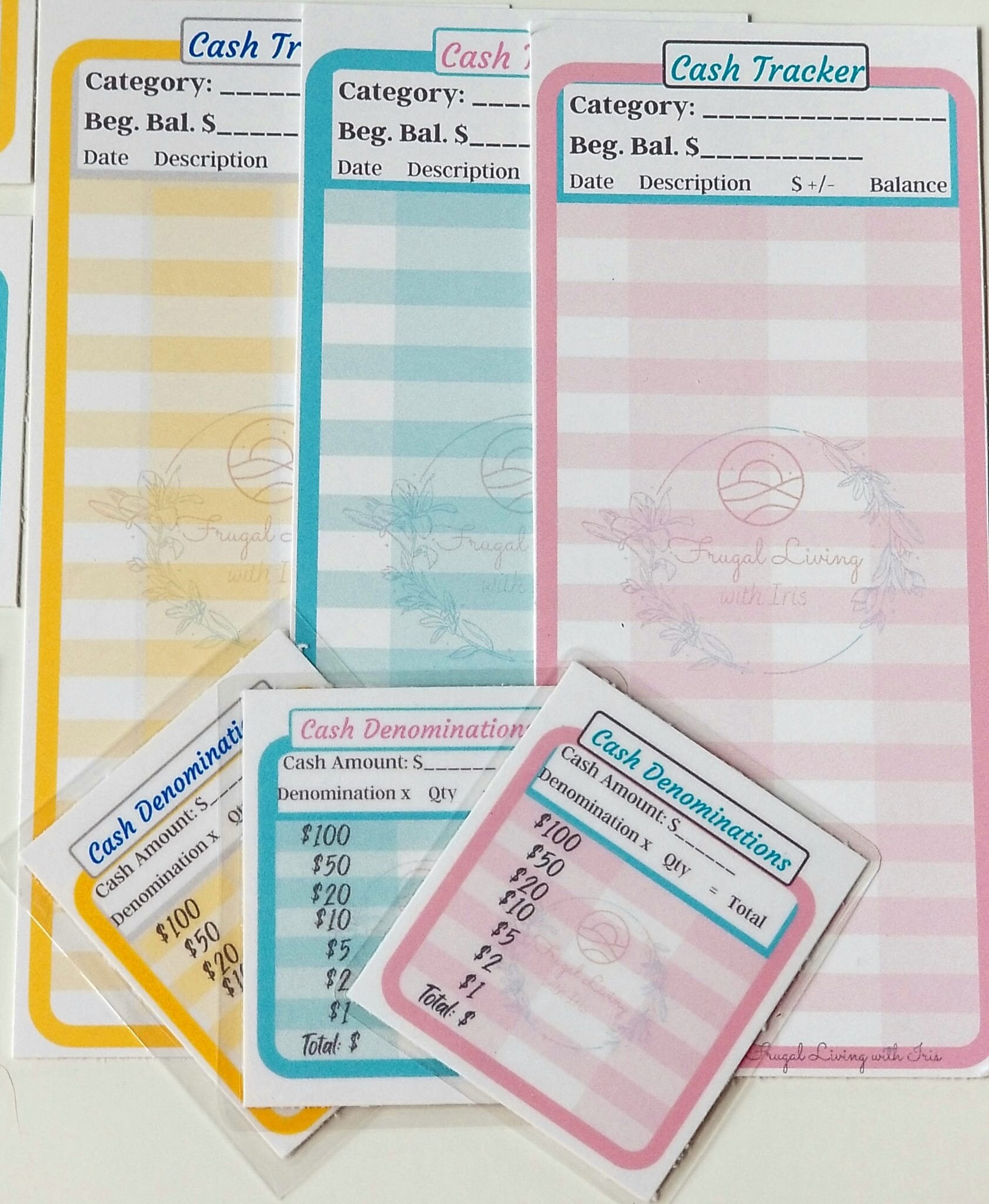 All 3 Colors Cash Trackers and Cash Denomination Cards Tri Color Cash