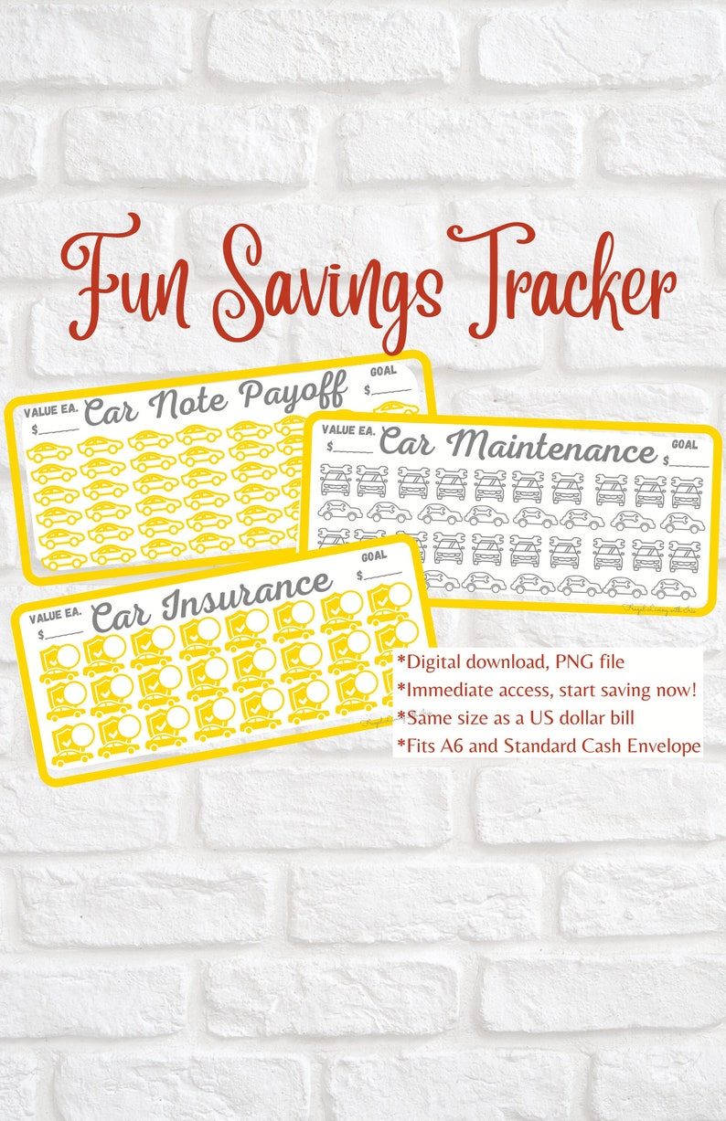May include: Three printable trackers for saving money for car-related expenses. Each tracker features a yellow background with a black border and a title: "Car Note Payoff", "Car Maintenance", and "Car Insurance". Each tracker has a grid of 60 small car icons, with a space for a dollar amount for each icon. The trackers are designed to fit a standard cash envelope.