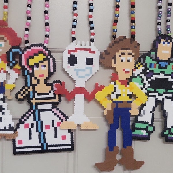 Toy story character perler necklaces! Woody, buzz Lightyear, forky, Jesse, bopeep!