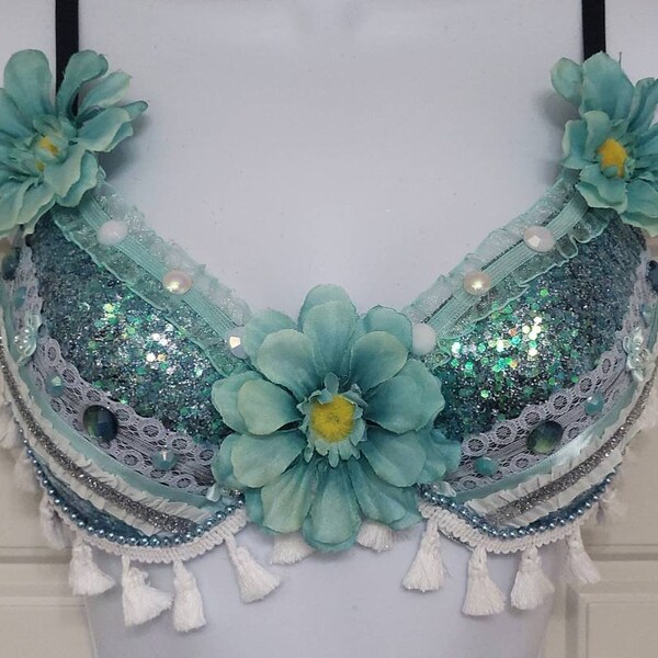 Sparkly blue/turquoise handmade festival/rave bra top! Perfect for EDC, Das Energi, Electric forest!