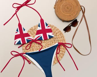 Conjunto de bikini con tiras Union Jack / Parte inferior azul con tiras rojas / Bikini con bandera británica