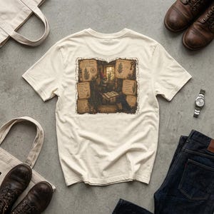 May include: An off-white short-sleeve t-shirt featuring a central graphic print of a gnome sitting at a desk in a room with parchment-style notes, botanical illustrations, and text. The design includes a window, a key, and various handwritten-style labels.