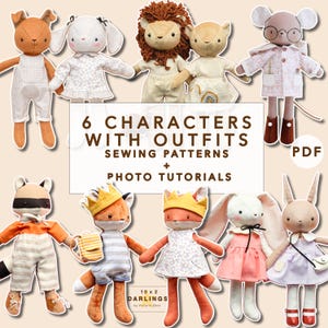 Può includere: Una collezione di personaggi di animali di peluche con vari outfit. L'immagine include una volpe, un leone, un coniglio, un procione e un topo, ognuno con abiti unici. Il testo nell'immagine recita "6 Characters with Outfits Sewing Patterns + Photo Tutorials".