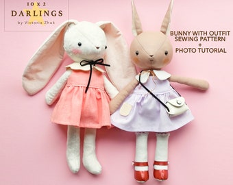 Bunny sewing pattern and instructions 13" (33cm) tall. PDF ready to print and sew bunny with clothes.