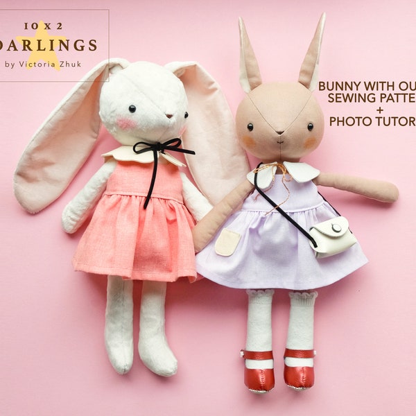 Bunny sewing pattern and instructions 13" (33cm) tall. PDF ready to print and sew bunny with clothes.