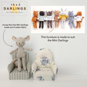 May include: A selection of fabric animal dolls and miniature armchairs. The dolls are in various colours and outfits. The text reads "10 x 2 Darlings by Viktoriya Zhuk". The mouse is made of cotton fabric. The furniture is designed for the dolls.