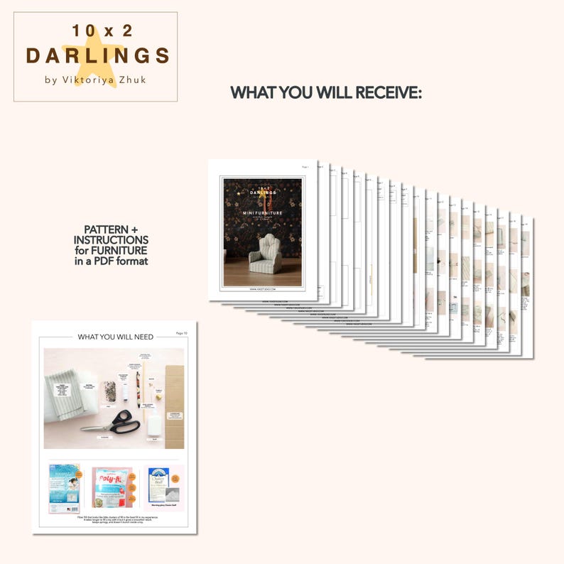 May include: A set of PDF instructions for furniture, featuring the text "10 x 2 Darlings by Viktoriya Zhuk". The image displays a catalog cover with a miniature armchair and a series of pages detailing furniture designs and required materials.