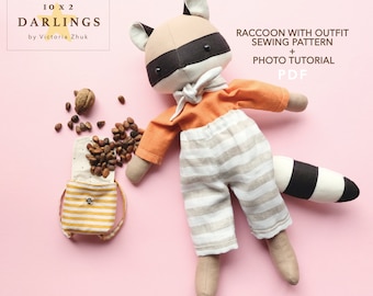 Raccoon sewing pattern and instructions 13" (33cm) tall. PDF ready to print and sew raccoon with clothes.