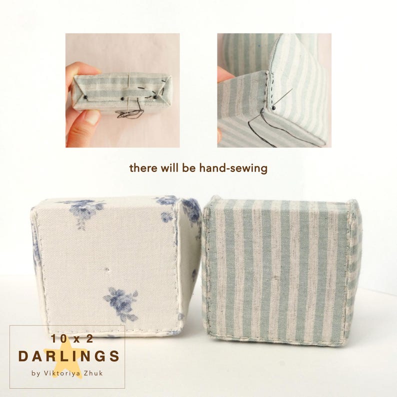 May include: Two small, handmade fabric boxes. One has a white background with blue floral patterns, the other has blue and white vertical stripes. The text "there will be hand-sewing" is above the boxes. The boxes are labeled "10 x 2 DARLINGS by Viktoriya Zhuk".