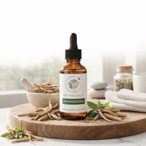Może przedstawiać: Brązowa szklana butelka suplementu diety Ashwagandha z czarną pipetą, umieszczona na drewnianej desce. Etykieta głosi "Botanicals Ashwagandha". Suche korzenie i liście otaczają butelkę.