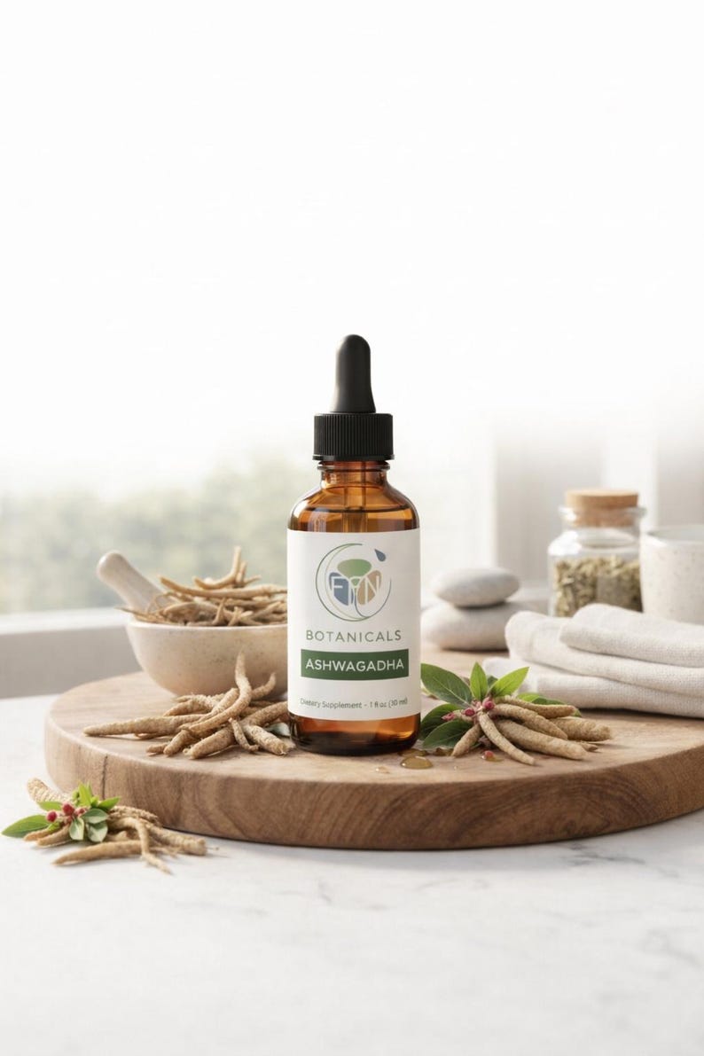 Może przedstawiać: Brązowa szklana butelka suplementu diety Ashwagandha z czarną pipetą, umieszczona na drewnianej desce. Etykieta głosi "Botanicals Ashwagandha". Suche korzenie i liście otaczają butelkę.