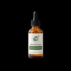 Może przedstawiać: Bursztynowa szklana butelka z czarną pipetą, z etykietą "Botanicals Ashwagandha". Etykieta zawiera zielono-niebieską grafikę. Butelka zawiera 120 ml suplementu diety.