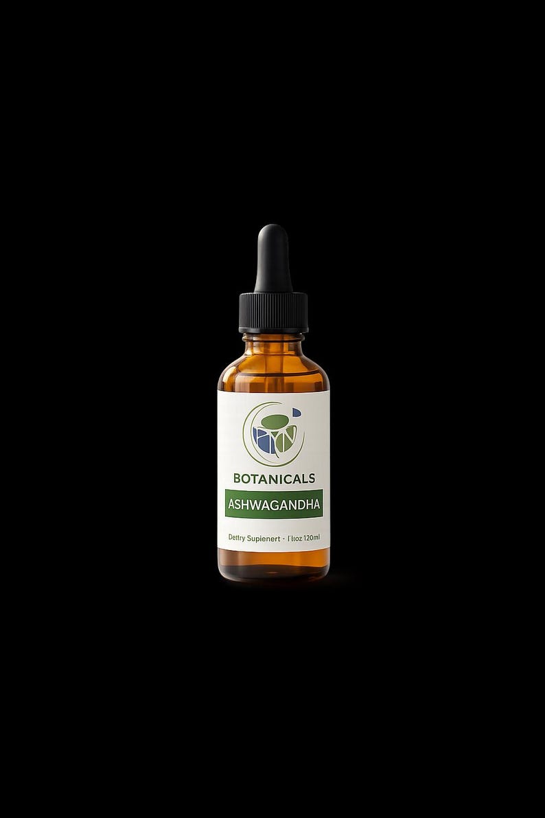 Może przedstawiać: Bursztynowa szklana butelka z czarną pipetą, z etykietą "Botanicals Ashwagandha". Etykieta zawiera zielono-niebieską grafikę. Butelka zawiera 120 ml suplementu diety.