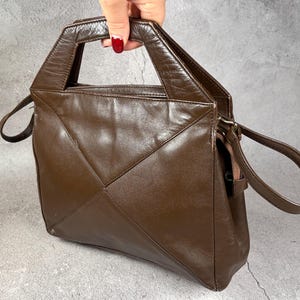 Vintage Novabell Brown Leather Handbag Geometric Patchwork Shoulder Bag 80s Retro Crossbody Purse Women Bag