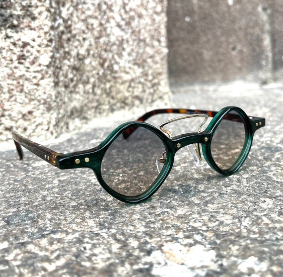 80s Round Green Steampunk Sunglasses Spirral Desi… - image 1