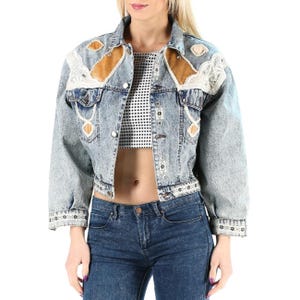 Vintage 80s Acid Wash Crop Denim Jacket Lace Velvet Patchwork Rhinestones S