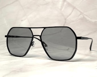 Unique Design Hexagonal Aviators 70s Pilot Shades Black Lenses Black Metal Frame Men Women Aviator Sunglasses Special Birthday Gift Idea