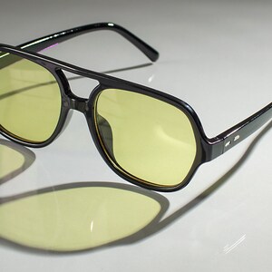 70s Aviator Driving Sunglasses Oversized Yellow Night Vision Blocker Lense Shades Black Frame Seventies Birthday Mothers Day Gift