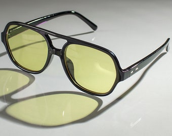 70s Aviator Driving Sunglasses Oversized Yellow Night Vision Blocker Lense Shades Black Frame Seventies Birthday Mothers Day Gift