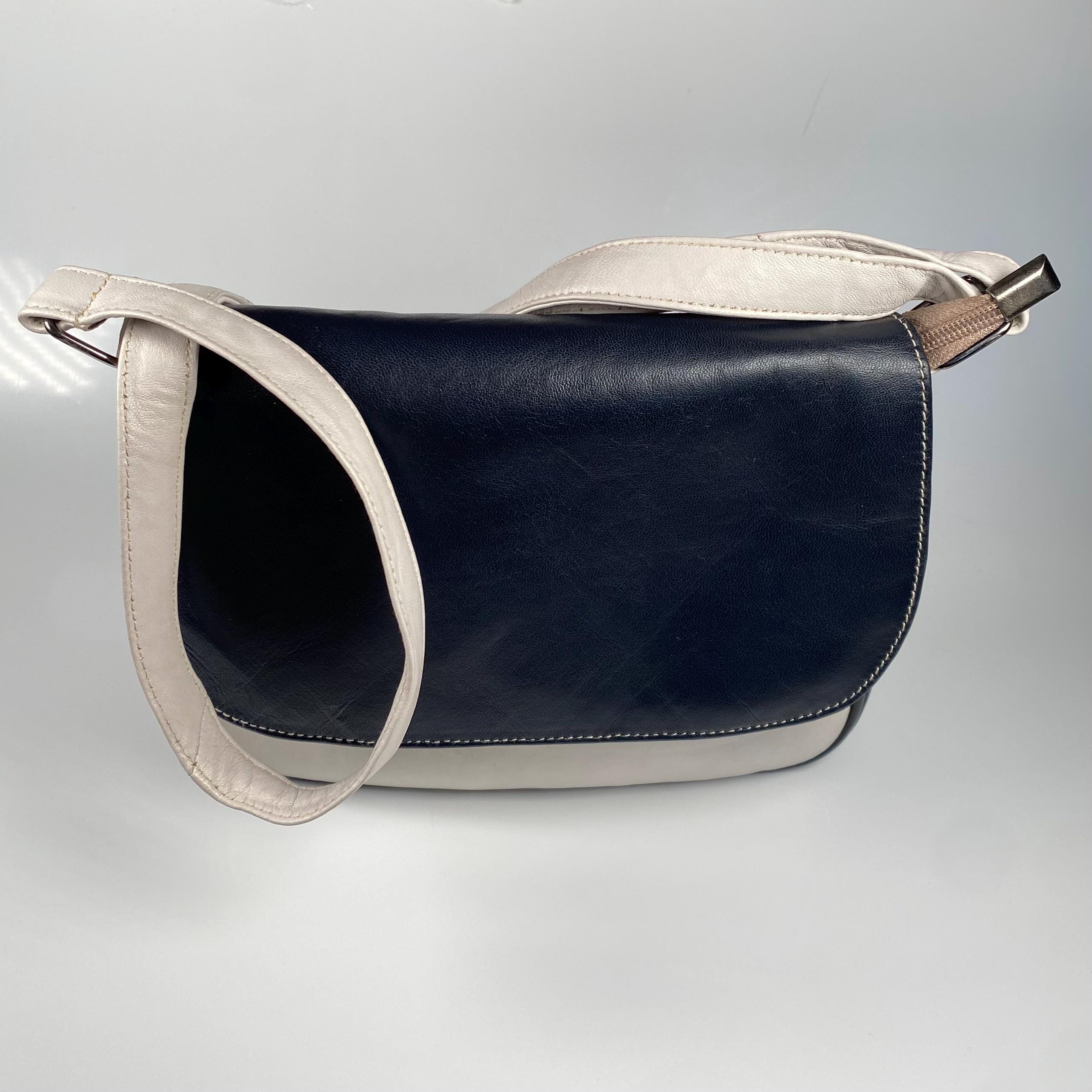 Vintage Navy Blue Ivory Leather Shoulder Bag Two Tone Leather