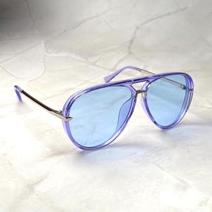 Ice Blue 70s Aviators Oversized Unique Design Pilot Shades Blue Frame Gold Metal Temple Arms Aviator Sunglasses Mothers Day Gift Idea