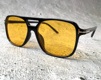 Occhiali da sole da guida anni '70 Aviator Occhiali da sole oversize gialli per visione notturna con lenti oscuranti Cornice nera Anni Settanta Compleanno Regalo per la festa della mamma