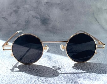 Steampunk Avantgarde 1910s Sunglasses Black Small Lense Gold Metal Frame Vampire Shades Victorian Sunglass Mothers Day Gift For Her Or Him