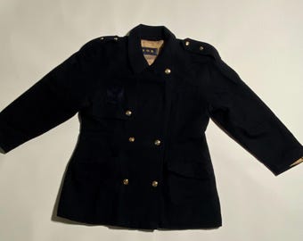Cappotto di lana in stile militare vintage blu navy, realizzato in Finlandia, giacca doppiopetto con bottoni dorati, fodera con spalline, taglia L da donna