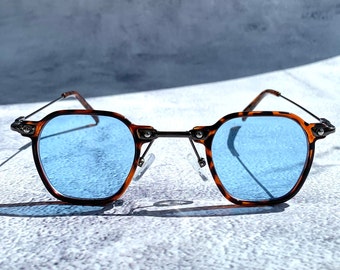 Antike quadratische Steampunk-Sonnenbrille, 1910er-Jahre, kleine Vampir-Gothic-Sonnenbrille, blaue Linse, bronzefarbener Metallrahmen, Cyberpunk-viktorianische Sonnenbrille, Geburtstagsgeschenk