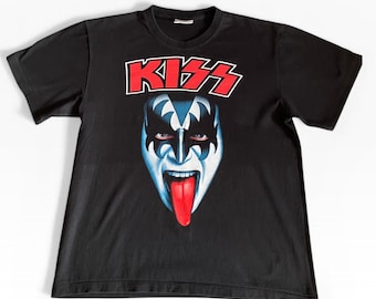 Vintage Kiss Band T Shirt Gene Simmons Face Graphic Black Rock Tee