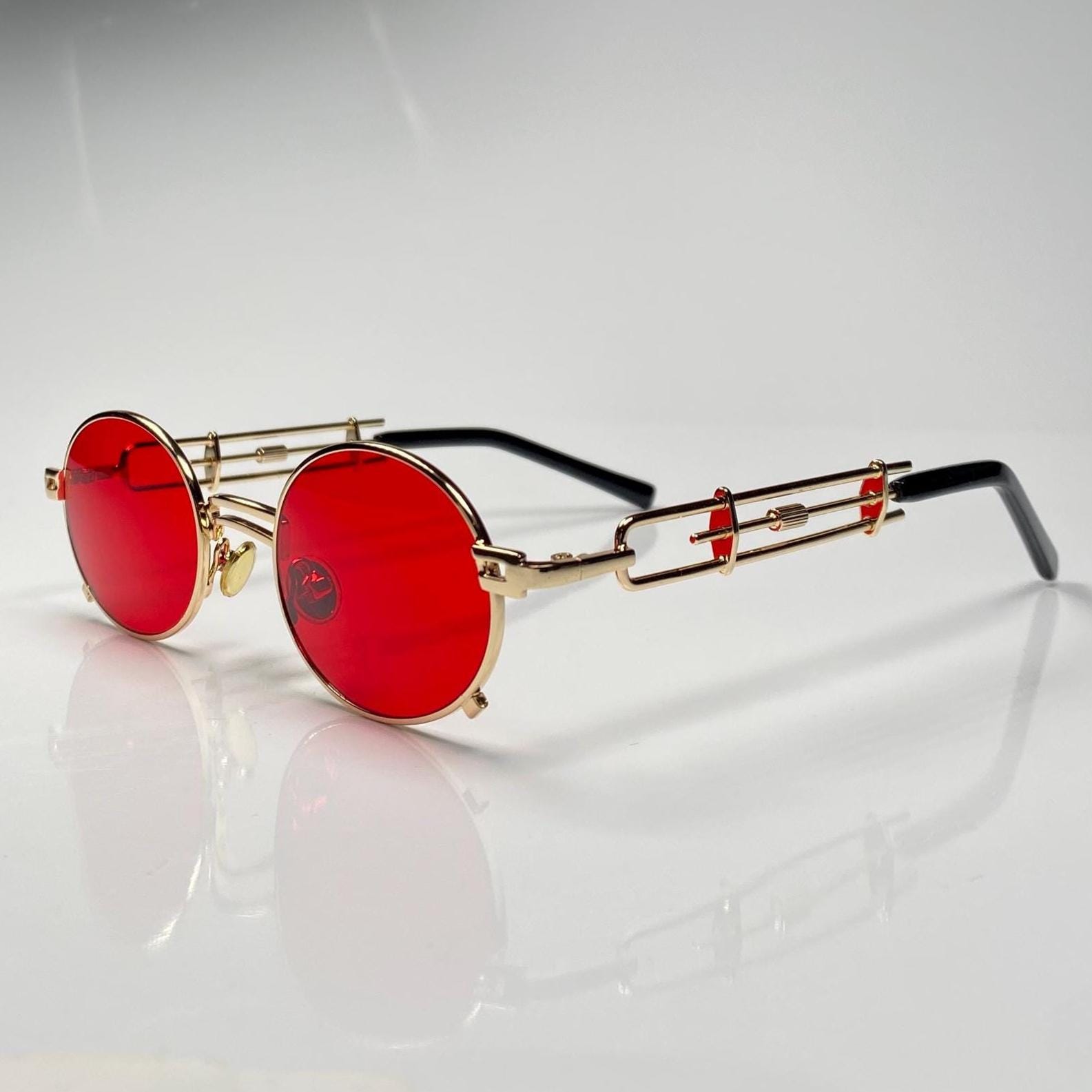 Red Vampire Steampunk Sunglasses 1910s Gold Plastic Frame Small
