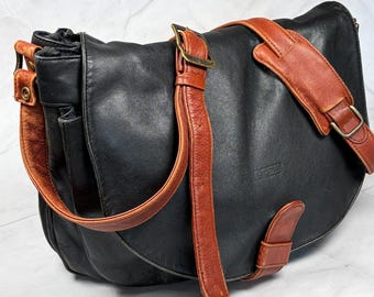 Vintage BREE Leather Messenger Bag Black Brown Crossbody Satchel Soft Leather Shoulder Bag 90s Everyday Bag Christmas Gift