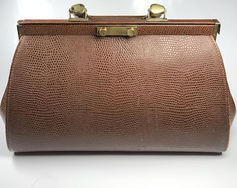 Vintage Brown Structured Handbag 50s 60s Doctors Bag Faux Lizard Leather Top Handle Classic Frame Purse Retro Bag