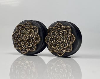 Mandala Flower Ear Tunnels: Bronze Metal Gauges, Lightweight Plugs