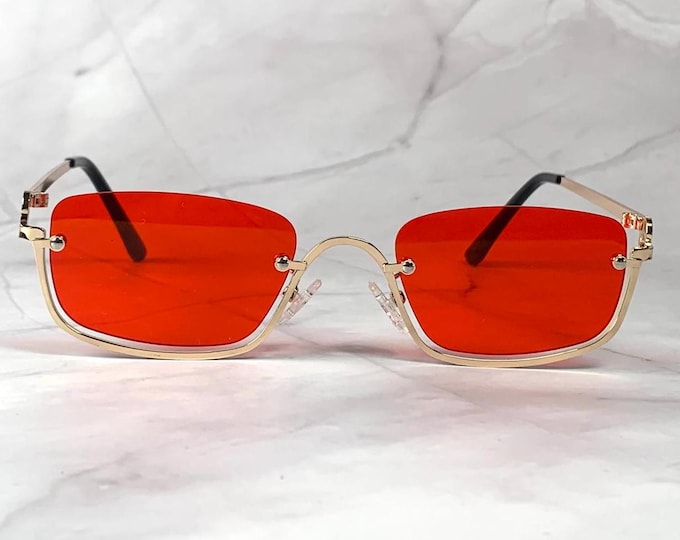 Red Spectacles Small Size Red Mini Square Sunglasses 90s Gold Metal Frame Small Rectangle Slim ...