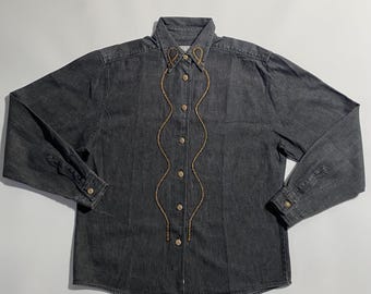 Vintage 90s Otto Kern black denim shirt with gold embroidery brass buttons western style faded denim top size M retro blouse