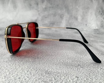 Red Black Square Aviators 70s Black Gold Metal Frame Side