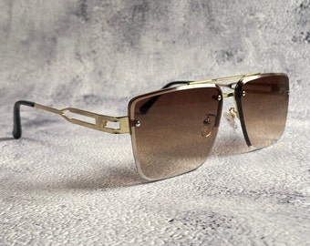 Quadratische Piloten-Sonnenbrille für Herren, 80er-Jahre-Designer, randlos, Farbverlauf, braune Gläser, goldfarbener Metallrahmen, Pilotenbrille, Pilotenbrille, Weihnachtsgeschenk für ihn
